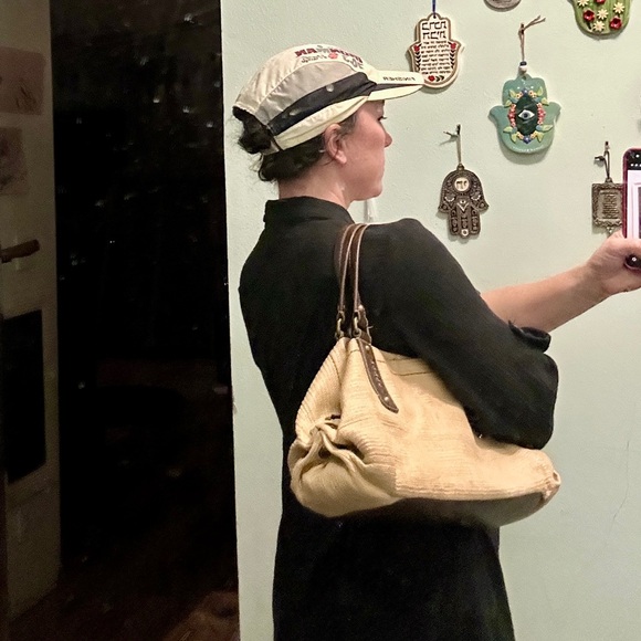 Fossil Beige Canvas Shoulder Bag with Brown Leather Handles - Picture 12 of 15